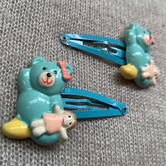 VINTAGE Set of 2 - Kids Bear Hair snap Clip Mini Barrette Blue Turquoise - Picture 2 of 6